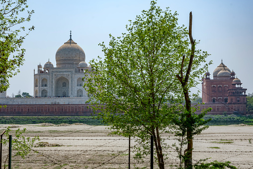 Agra, India - March 14 2024: The Taj Mahal at Agra India. It was commissioned in 1631 by the fifth Mughal emperor, Shah Jahan to house the tomb of his beloved wife, Mumtaz Mahal.