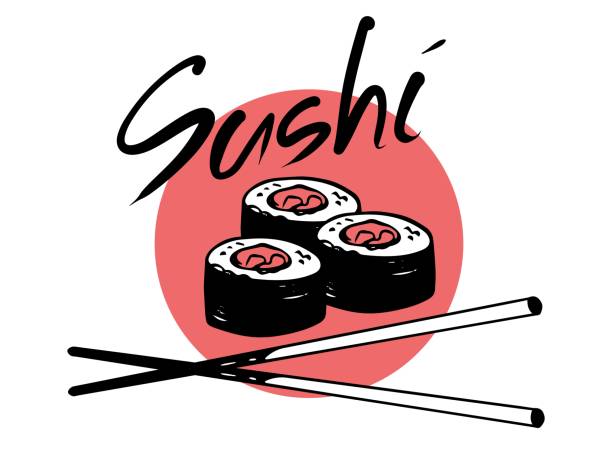 illustrations, cliparts, dessins animés et icônes de logo dessiné à la main de restaurant de sushi vectoriel avec rouleau de maki et lettrage sur fond de cercle rouge - sushi nigiri white background red