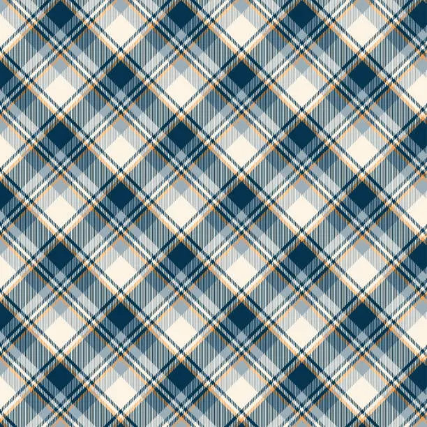 Vector illustration of Seamless diagonal plaid patterns in dark blue yellow and beige for textile design.