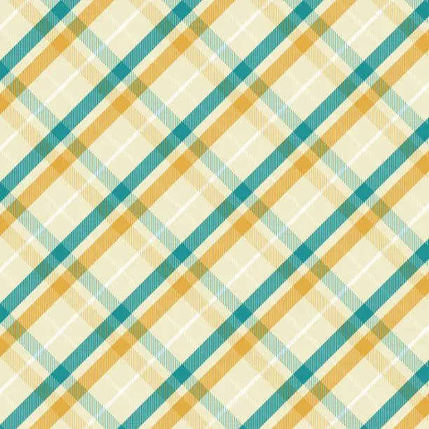 Vector illustration of Seamless diagonal plaid patterns in green yellow turquoise and beige for textile design. Tartan plaid pattern with a cross-shaped graphic background for a fabric print. Vector illustration.