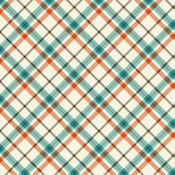 Vector illustration of Seamless diagonal plaid patterns in green brown orange and beige for textile design.