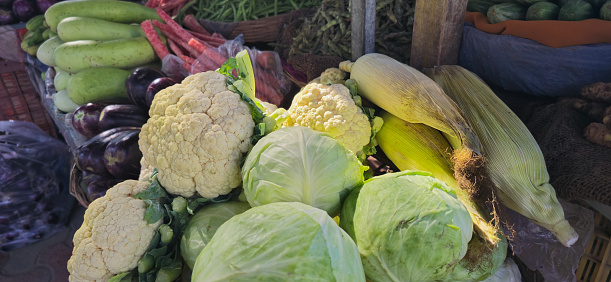 Close up of vegetables in Vegetable stall.  Fresh Vegetables at market.
