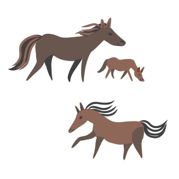 Vector illustration of Horse set, flat vector icon, colorful illustration isolated on white background, decorative animal, equine family, doodle sketch sign mammal for design pattern, greeting card, mascot, children map