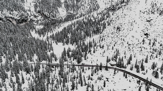 Alaska Railroad Locomotive 3001 with snow covered mountains behind, Whittier, Alaska, USA