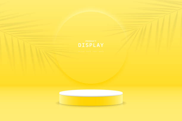 istock Abstract white yellow 3D cylinder podium pedestal realistic with round circle shape and palm leaf shadow on wall background. Minimal scene for product display. Showcase. 3D vector geometric platform. 2148228427