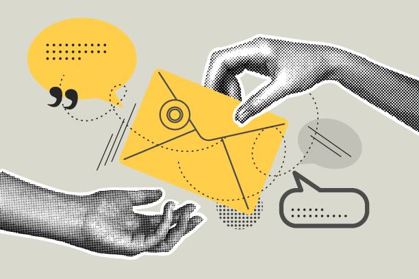 Trendy halftone hand drawn collage of business concept. Illustration of e-mail marketing, mailing list, contacts. Vector illustration of business, contract approval, finance, marketing material. Trendy halftone hand drawn collage of business concept. Illustration of e-mail marketing, mailing list, contacts. Vector illustration of business, contract approval, finance, marketing material. Vector illustration newsletter stock illustrations