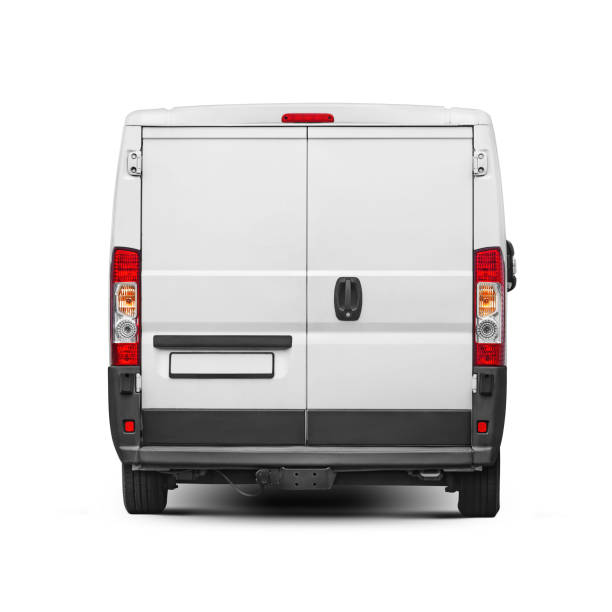 istock Delivery van rear view isolated on a white. Cargo short-base minibus. 2148229269