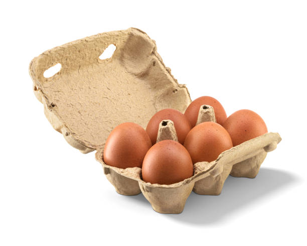 istock Open carton with six brown chicken eggs isolated on white background. 2148229278