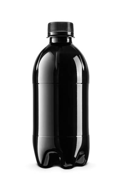Small black plastic bottle with soda or soft drink, energy drink, isolated on white background.