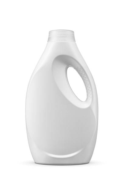 Laundry liquid detergent soap in blank plastic bottle with handle isolated on white.