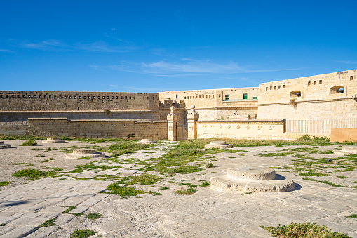 Valletta, Malta, April 03, 2024.  panoramic view of the walls of Fort St. Elmo\nin the city center