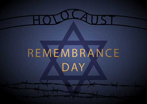 Remembering the holocaust tragedy of Jews for the Holocaust Remembrance Day that occurred during the Second World War with the gate sign of the Auschwitz Concentration Camp, barbed wire and Star of David on the blue background