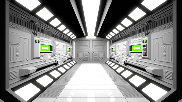 Moving through spaceship corridor with opening doors.
