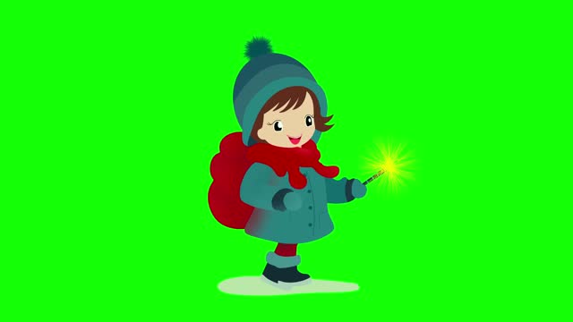 Winter walk and adventure of dreamy girl, walking on green screen