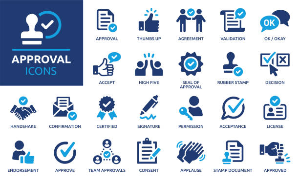 Approval icon set. Containing accept, certified, thumps up, agreement, approve, validation, seal approved, confirmation and decision icons. Solid icon set. Vector illustration. authority stock illustrations