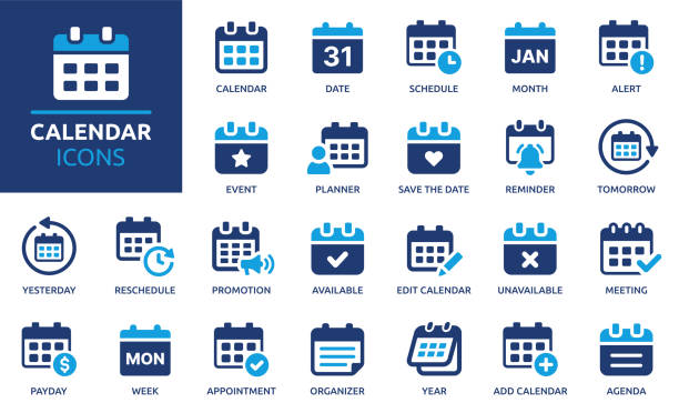 Calendar icon set. Containing date, schedule, month, week, appointment, agenda, organization and event icons. Solid icon collection. Vector illustration. calander icon stock illustrations