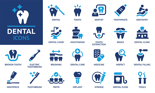 Containing tooth, dentist, toothpaste, toothbrush, teeth, implant and dentistry icons. Solid icon collection. Vector illustration.
