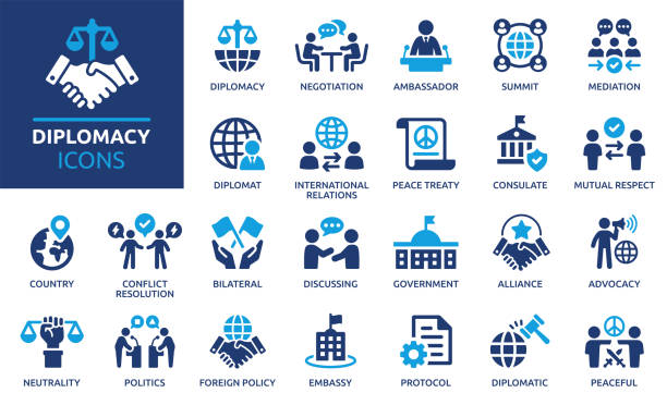 ilustraciones, imágenes clip art, dibujos animados e iconos de stock de conjunto de iconos de diplomacia. - política