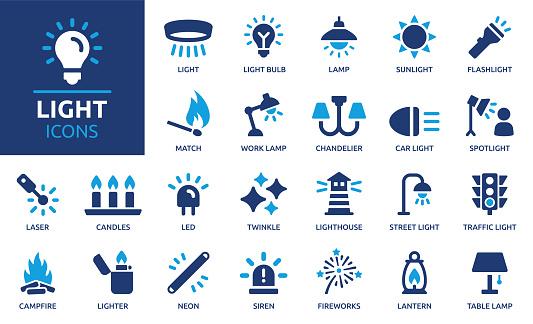 Containing flashlight, LED, chandelier, spotlight and lighter icons. Solid icon collection. Vector illustration.