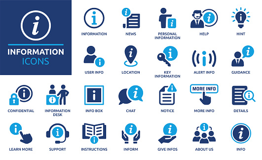 Containing info, help, inform, support, news, about us, instructions and notice icons. Solid icon collection. Vector illustration.