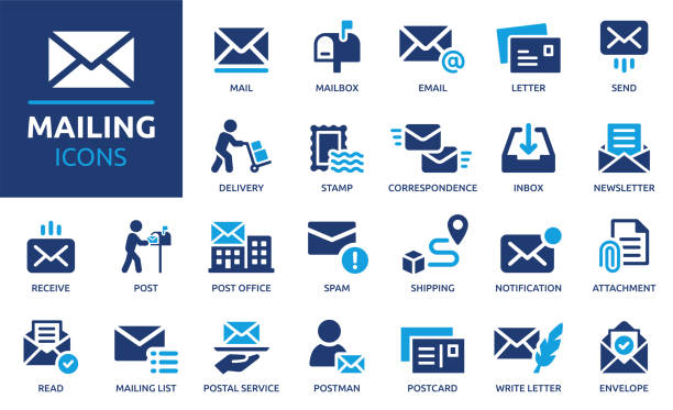 Mail and letter icon set, vector illustration. Containing mailing, email, mailbox, send, receive, post office and envelope icons. Solid icon collection. mail icons stock illustrations