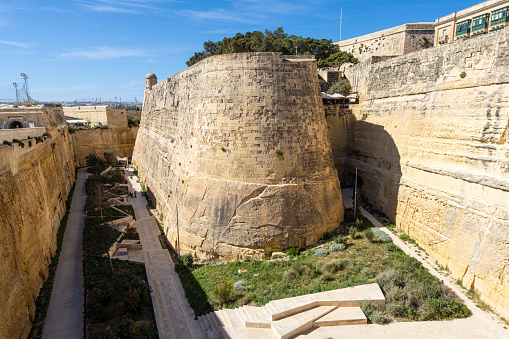 Valletta, Malta, April 03, 2024.  view of the St. John Bastion in the city centre
