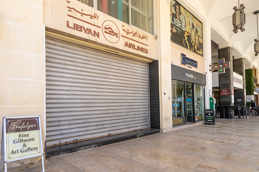 Valletta, Malta, April 03, 2024.  Lybian Airlines branch store closed in the city center