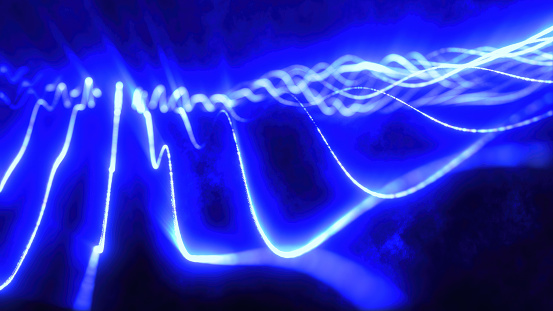 Blue energy glowing magic stripes waves lines high technology digital with light beams from energy particles. Abstract background.