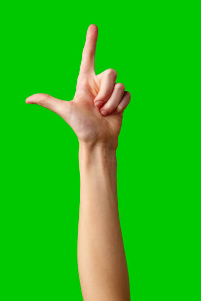 istock Human Hand Gesture Representing the Letter L Against a Green Background 2148231451
