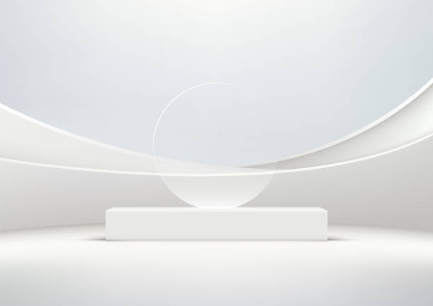 istock A minimalist scene with a white circle glass on top of a white podium in a white room. Product display mockups 2148231876