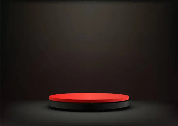 Vector illustration of 3D red and black podium on a black background with spotlight, Product mockup display