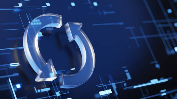istock Two round arrows icon - update symbol. 3d glass update, refresh icon on dark blue digital background 2148232248