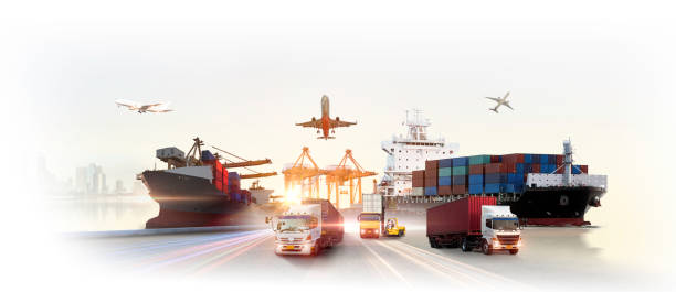 istock Global business logistics import export of containers cargo freight ship loading at port by crane, container transport, cargo plane, truck to port background 2148232259