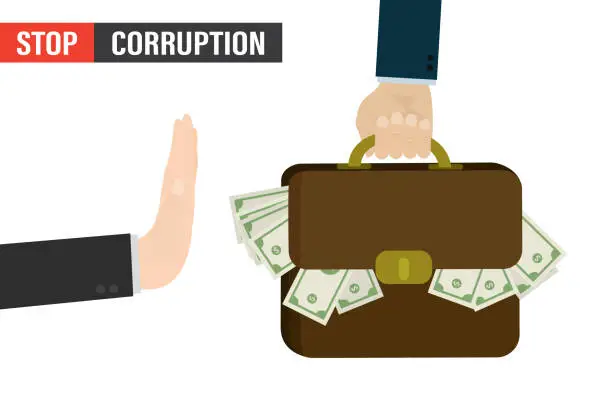 Vector illustration of Stop bribery and corruption, concept. Hand gives bag full money, other businessman shows stop gesture, deny bribe. Honest and incorruptible politician.