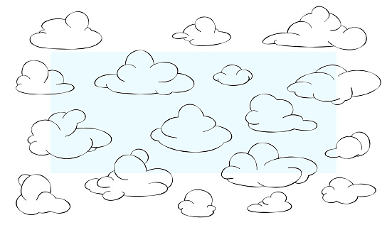 Set of clouds. Coloring book. Vector illustration of a line of clouds in the sky. Doodle illustration of line nature