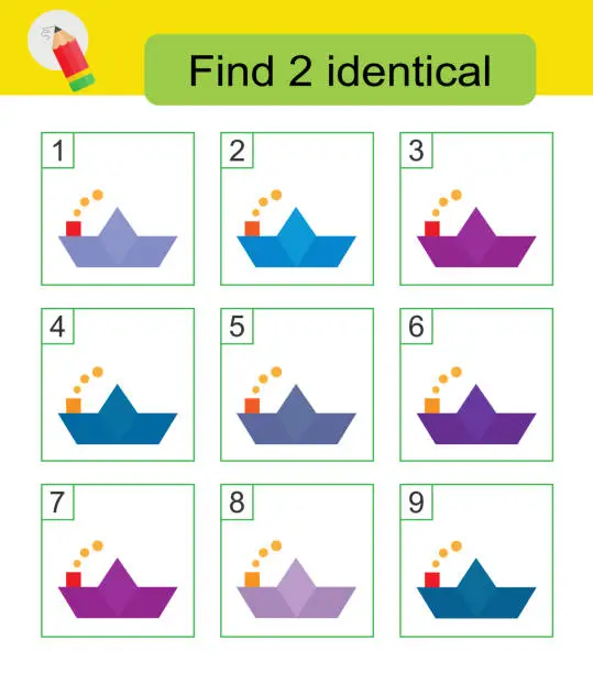 Vector illustration of Find two identical paper boats. Answer is 3,7.