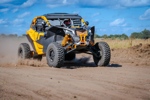 istock Cool view on hard ride UTV, ATV, 4x4 in sandy road 2148233129
