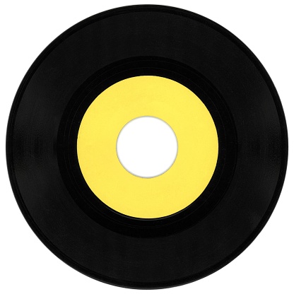 Vinyl record over white background. Horizontal composition with copy space. Vintage music concept.