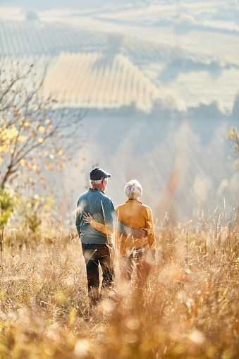 Rear view of embraced mature couple standing on a hill in autumn day and looking at view. Copy space.