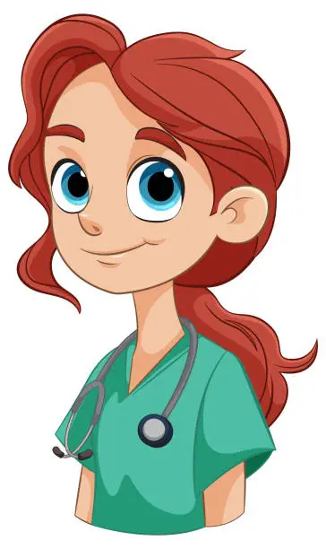 Vector illustration of Cartoon of a smiling female nurse with stethoscope.