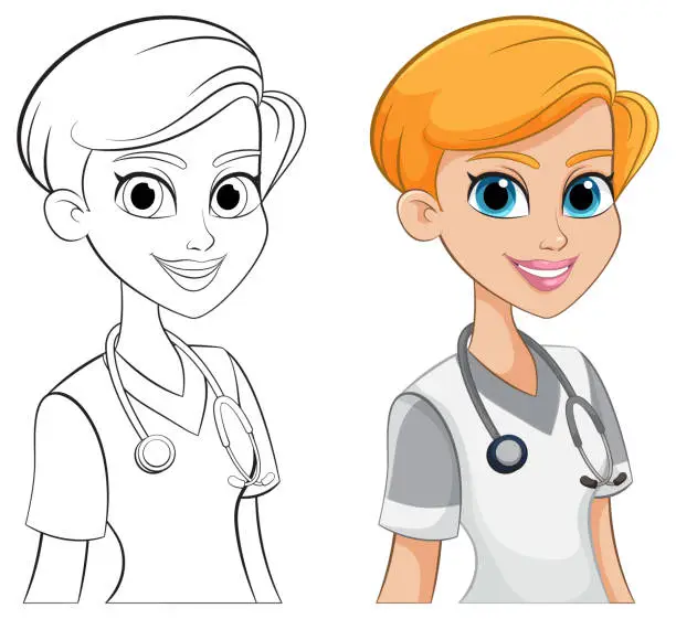 Vector illustration of Colorful and outlined versions of a cartoon nurse