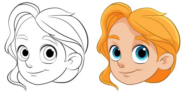 Vector illustration of Black and white and colored cartoon girl faces