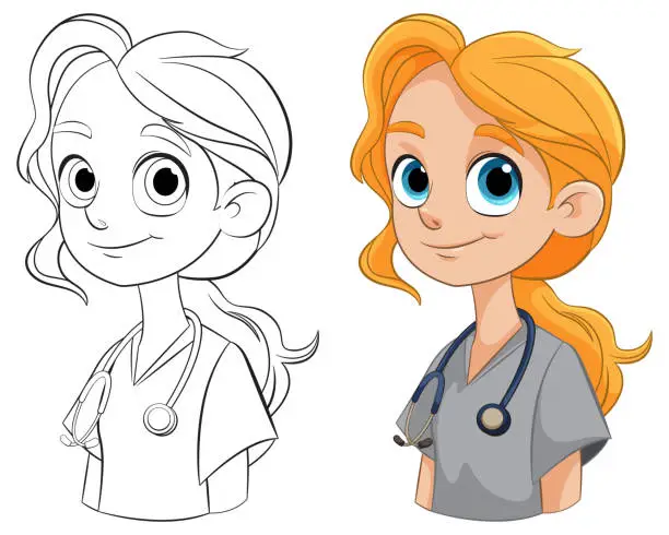 Vector illustration of Colorful and line art illustrations of a female doctor