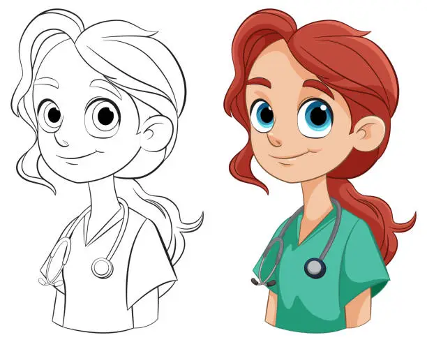 Vector illustration of Colorful and line art illustrations of a female doctor