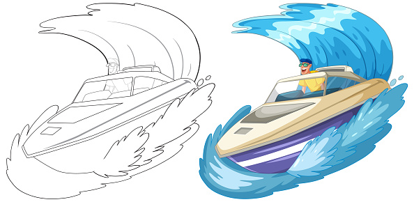 Vector illustration of a speedboat riding ocean waves.