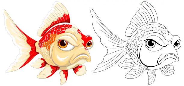 Vector illustration of Two cartoon fish with expressive grumpy faces.