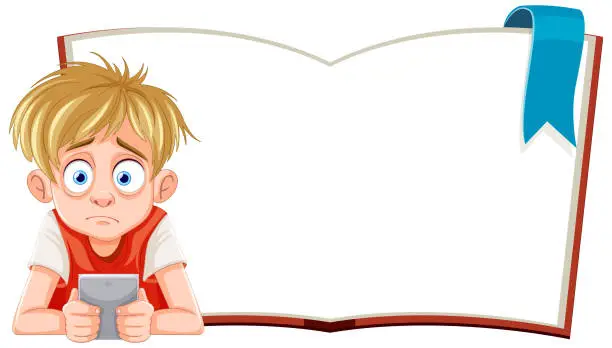 Vector illustration of Cartoon boy looking tired with book and game