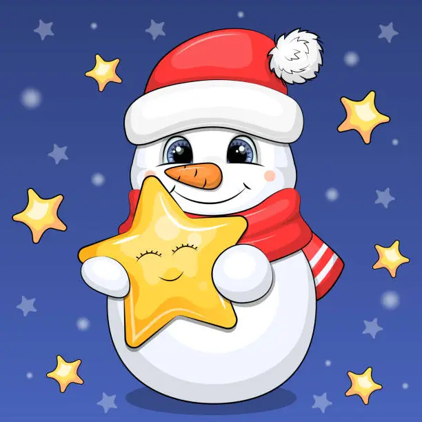 Vector illustration of Cute cartoon snowman is holding a yellow star.