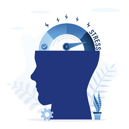 Head silhouette with stress and anxiety meter. High level of exhausted and fatigue from work causing depressed, mental illness. Stress level or tired meter rising and reaching maximum in brain. vector