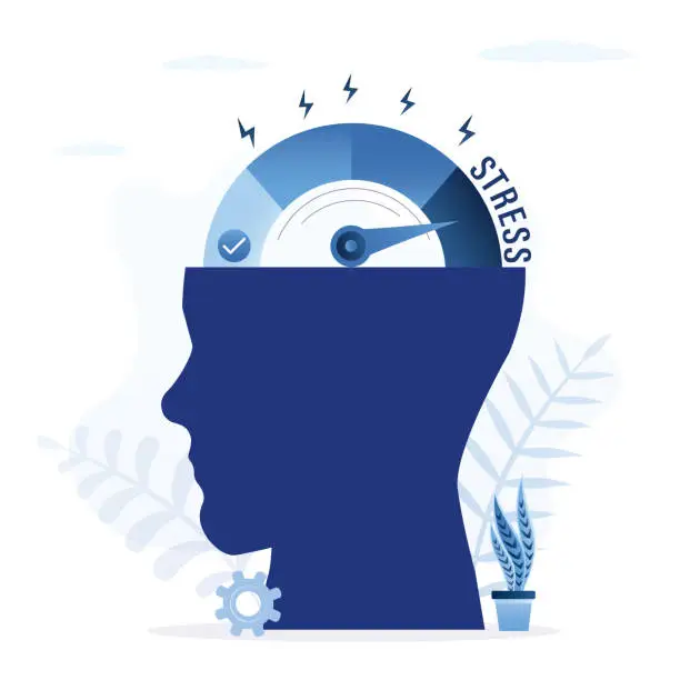 Vector illustration of Head silhouette with stress and anxiety meter. High level of exhausted and fatigue from work causing depressed, mental illness. Stress level or tired meter rising and reaching maximum in brain.